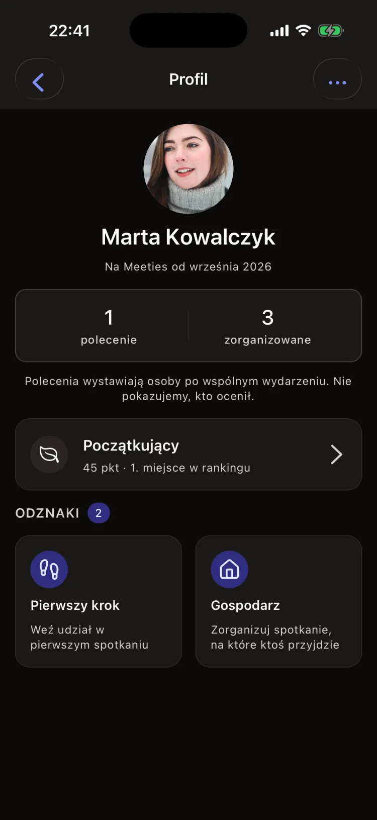 Meeties: a profile with level and earned badges